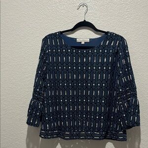 LOFT Women's Blue Black Boxy Embellished Blouse 3/4 Bell Sleeves Size L Bohemian